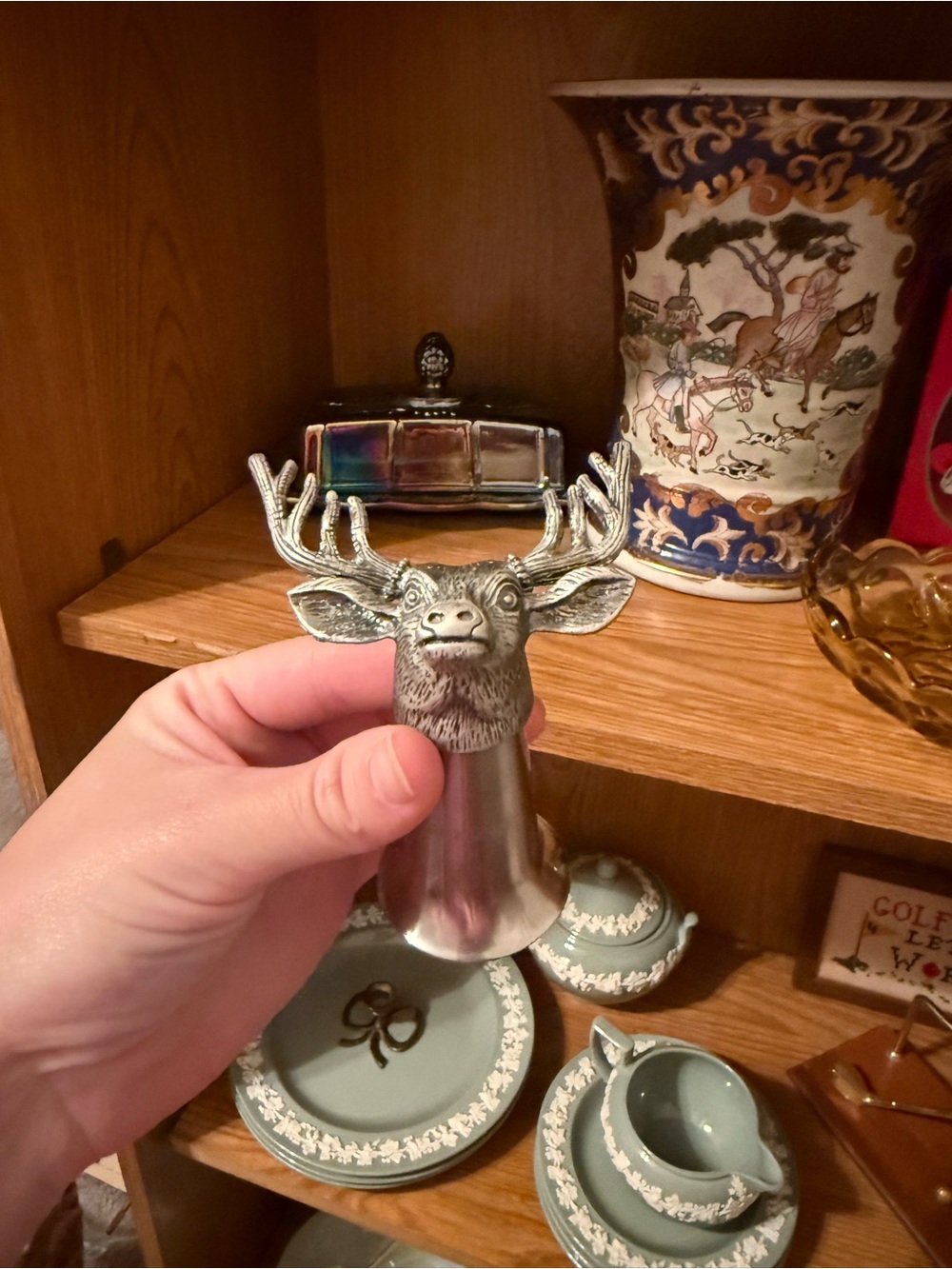 Jäegermeister shot glass featuring a detailed pewter deer